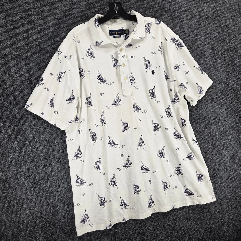 Ralph Lauren Knit Oxford Mens XLT Sailboat Print White Cotton Polo‎ Preppy Yacht